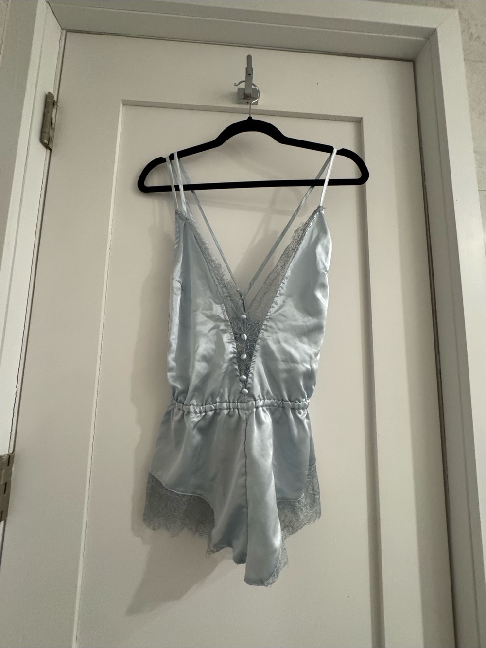 Roma Light Blue Satin Lace-Trim Romper Slip